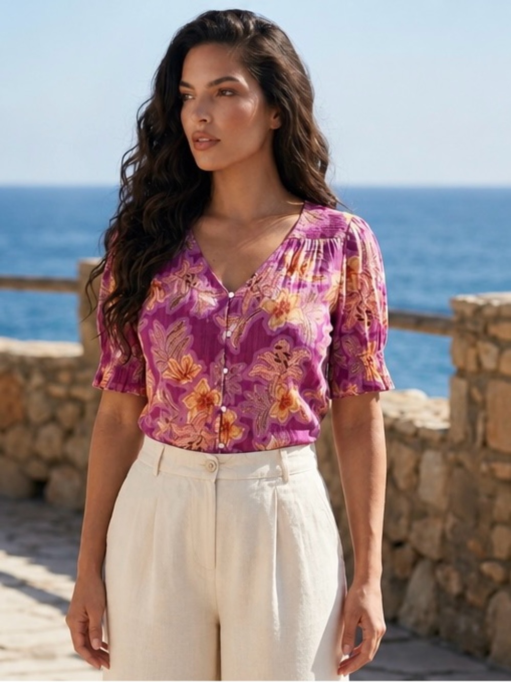 LOFT Womens L Pink Blouse Tropical Floral Beach Resort Feminine Casual Cotton
